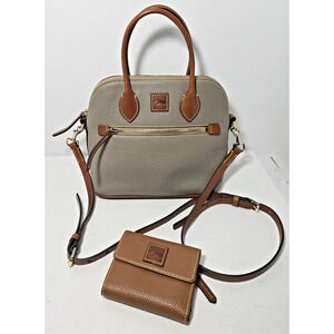 Dooney & Bourke Domed Satchel /Crossbody Taupe/Tan Pebble Leather & Tan Wallet